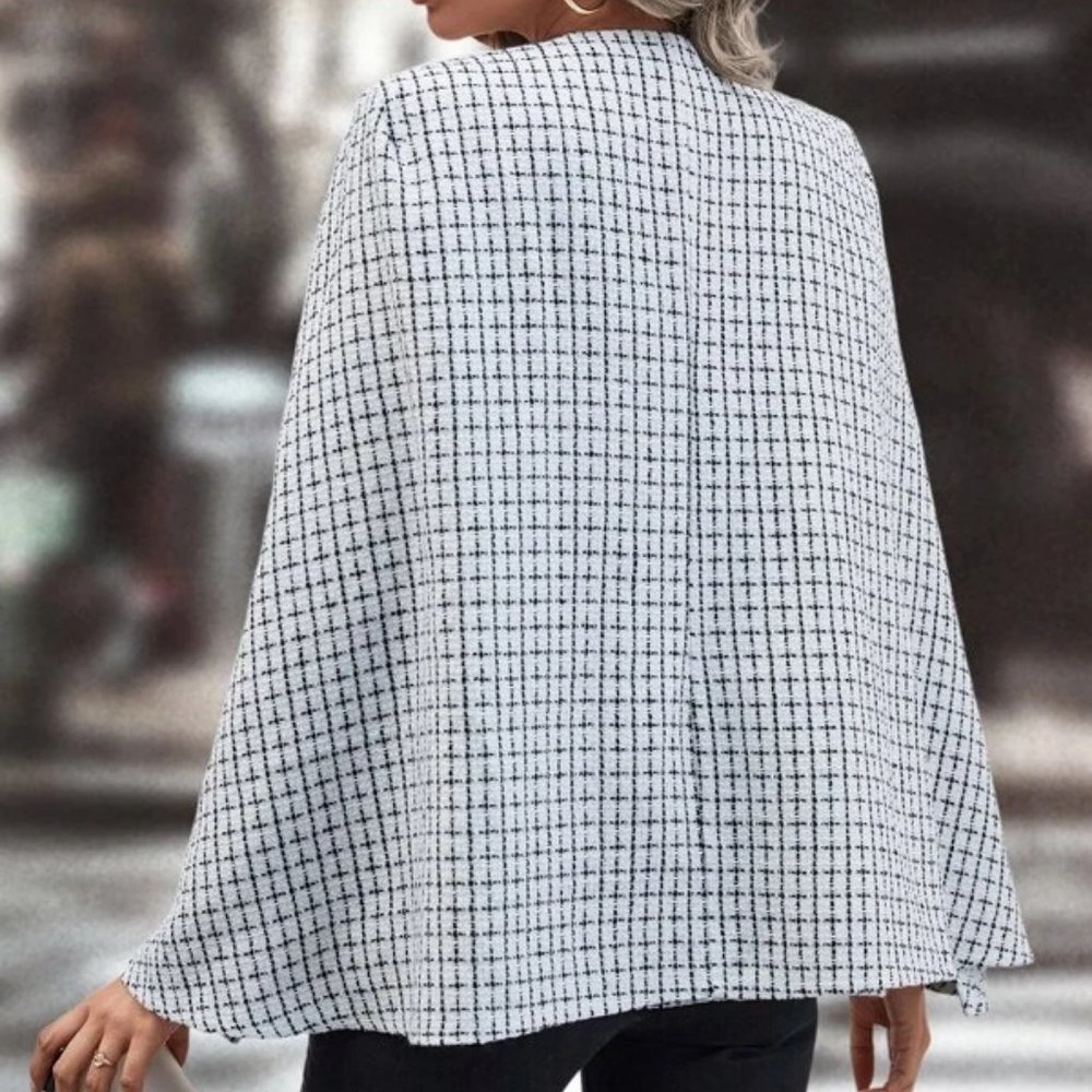 Elegant Cloak Sleeve Plaid Print white Cape Overcoat - Picture 3 of 6